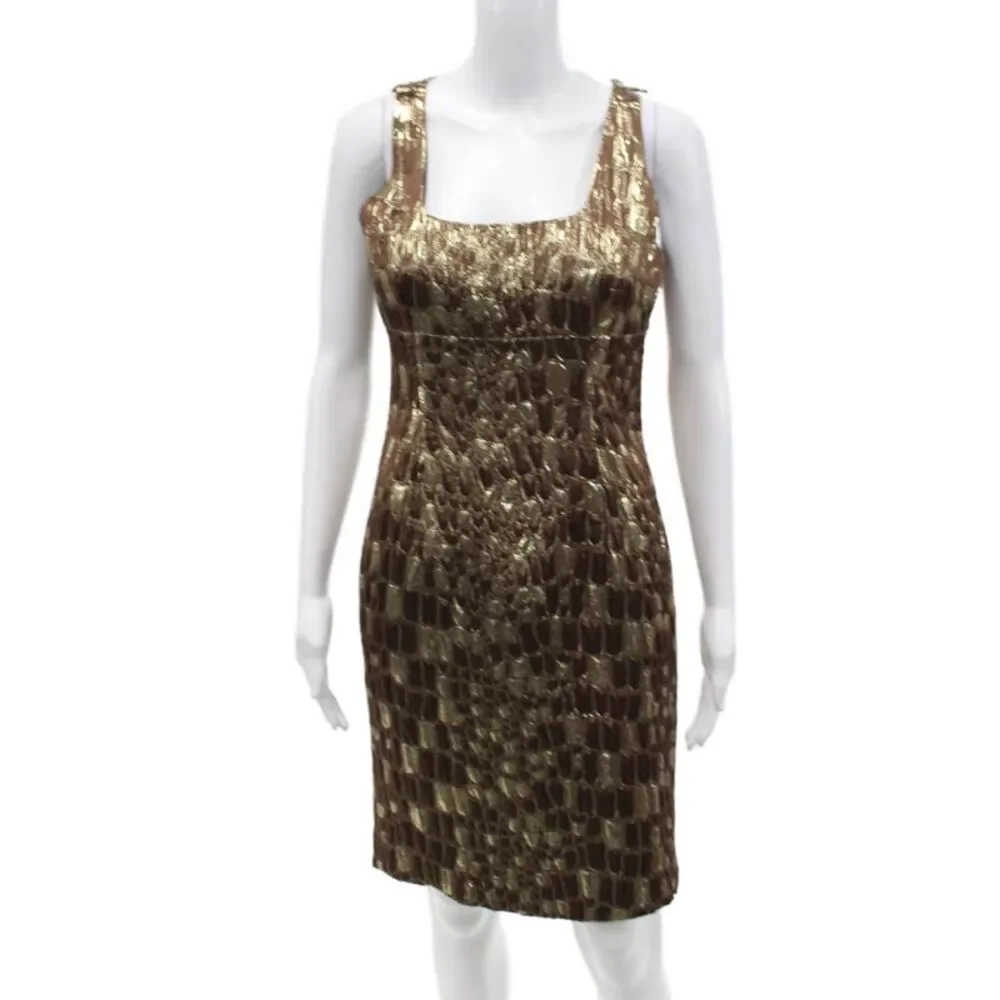 Michael Michael Kors Womens Silk Scoop Neck Metallic Pencil Dress Gold Size 6